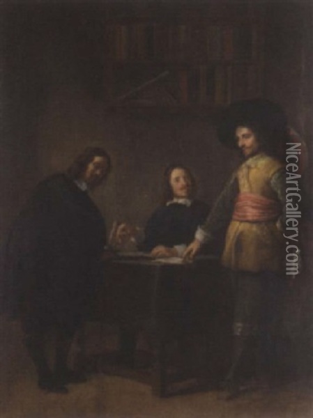 Interior With Three Men Conversing At A Table Oil Painting - Gonzales Coques