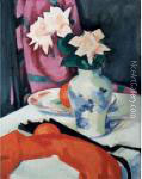 Still Life Of Pink Roses And A Blue And White Vase Oil Painting - Samuel John Peploe