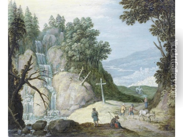Figures Before A Waterfall, A Town Beyond Oil Painting - Marten Ryckaert