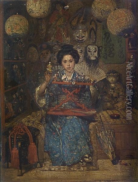 A Japanese Shopkeeper In Kimono Oil Painting - Edouard Castres