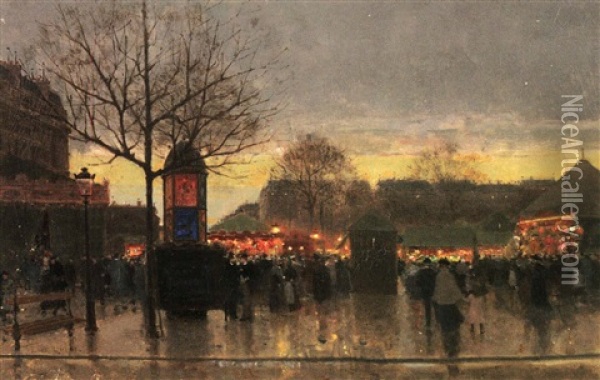 Fete Foraine La Nuit Place De La Republique Oil Painting - Luigi Loir