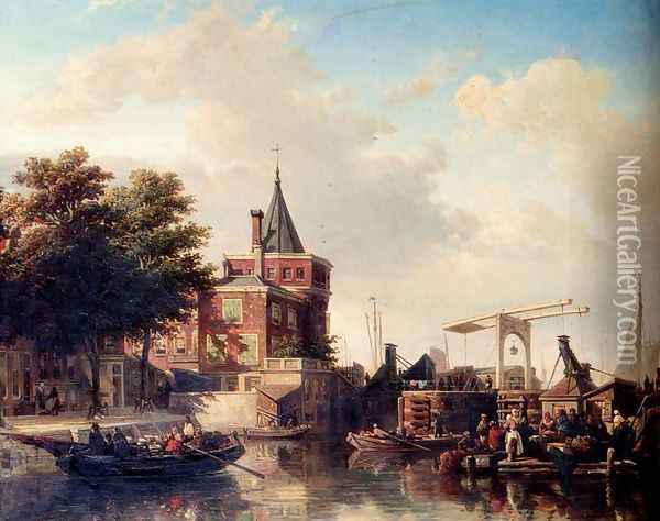 View Of The_Schreierstoren, Amsterdam, In Summer Oil Painting - Elias Pieter van Bommel