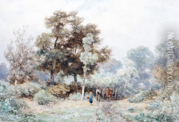 Figures And A Cart On A Woodland Path Oil Painting - Jan Willem Van Borselen
