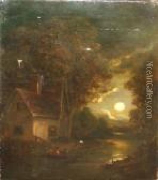 Moonlit River Landscape With Figures In A Boat By Cottage Oil Painting - John Crome