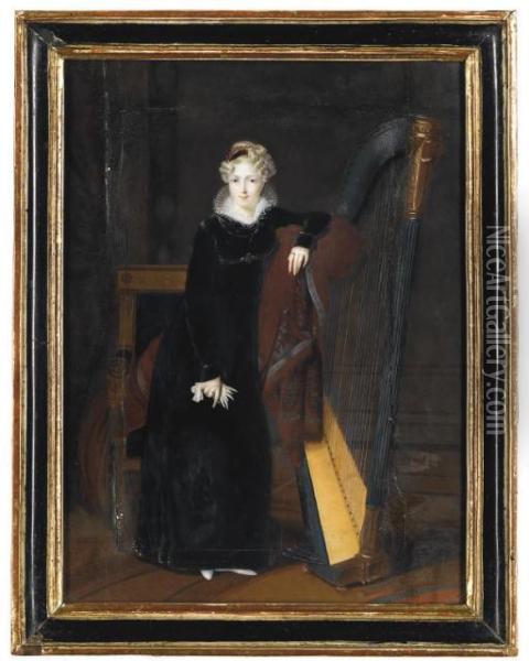 Portrait Of A Lady In A Black Dress With White Lace Collar, Standing Beside A Harp Oil Painting - Louis Francois Aubry