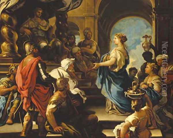 The Queen of Sheba offering gifts to King Solomon oil painting reproduction  by Luca Giordano