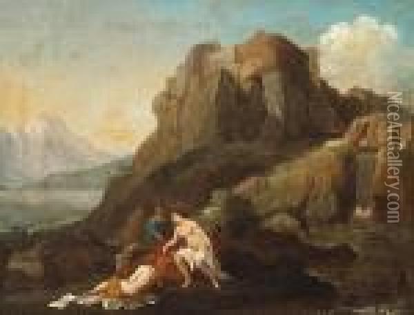 A Rocky Landscape With Figures Bathing In The Foreground Oil Painting - Christian Wilhelm Ernst Dietrich