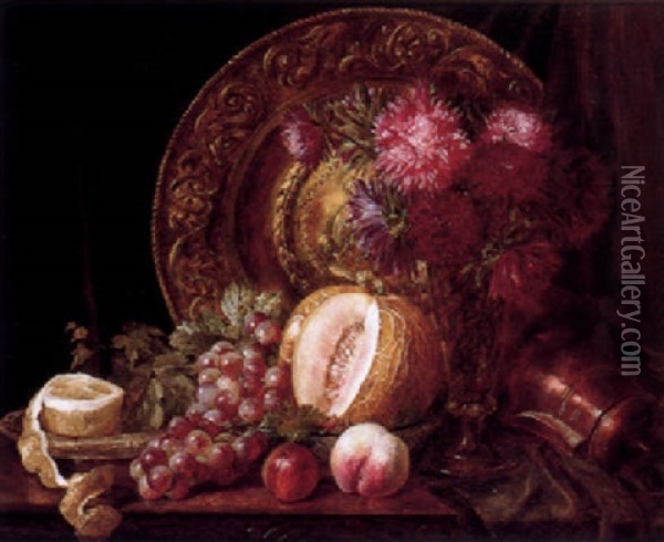 Still Life With Chrysanthemums, Fruits And An Embossed Plate Oil Painting - Emily Coppin Stannard