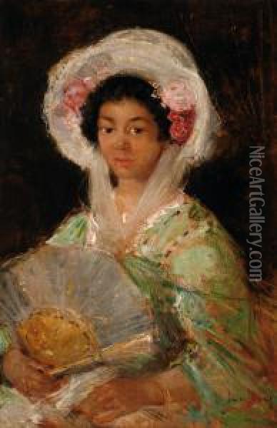 Portrait Of Mrs. Allwoodwith A Fan Oil Painting - Simon Maris