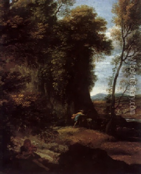 A Wooded Landscape With Apollo Adn Mercury Oil Painting - Giovanni Battista Viola