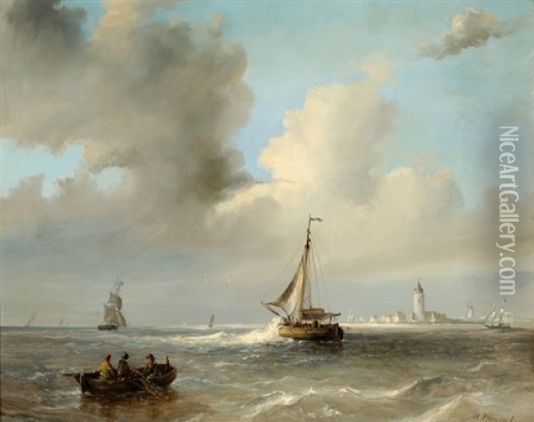 Men In A Barge And Sailing Boats Off A Coast Oil Painting - Nicolaas Riegen
