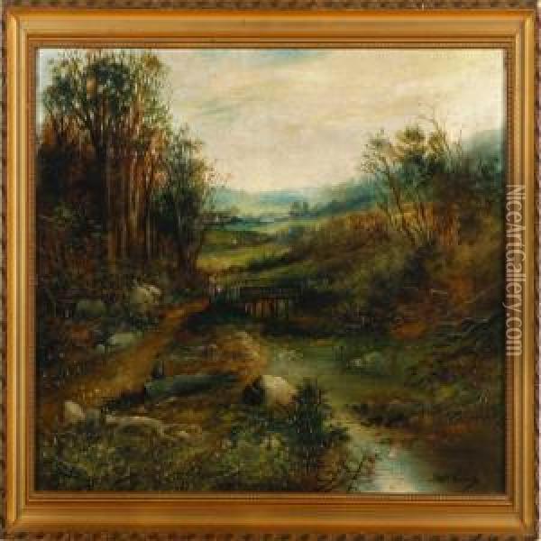 A Landscape With Figures Walking Along A River Oil Painting - James Wallace