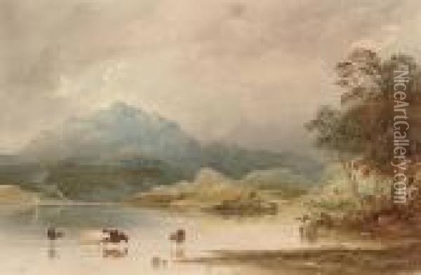 Cows Wading Through A Lake, A 
Mountain Beyond (illustrated); Andtwo Men Dragging A Dinghy Ashore, A 
House Beyond Oil Painting - Anthony Vandyke Copley Fielding