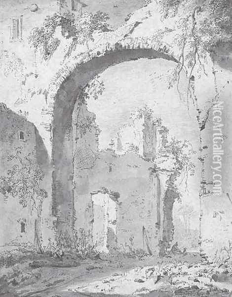 A ruined villa in the Roman campagna seen through a high arch Oil Painting - Jan Asselijn