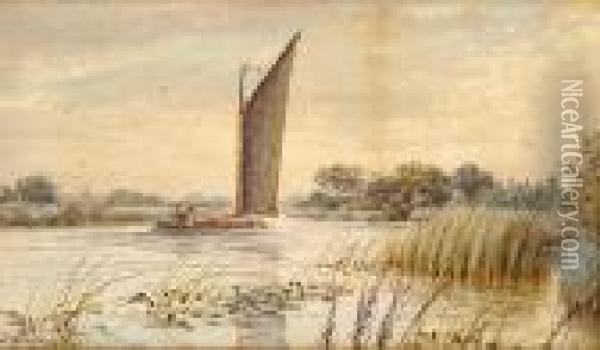 A Wherry On A Broadland River Oil Painting - Stephen John Batchelder