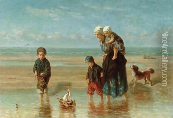 Mother And Children By The Shore Oil Painting - Jozef Israels