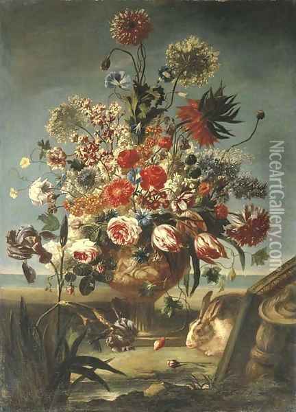 Parrot tulips, roses, an imperial lily Oil Painting - Karel Van Vogelaer, Carlo Dei Fiori