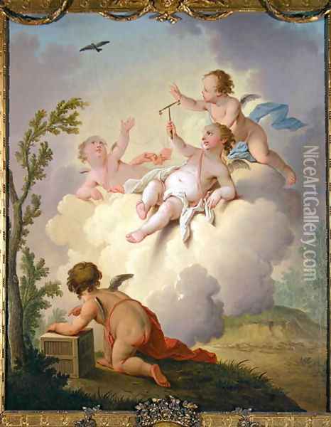 Angels Playing with a Bird in a Landscape Oil Painting - Hendrik Willem Schweickardt