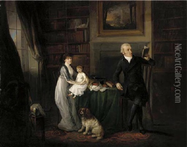 Portrait Of A Family In A Library With Their Dog Oil Painting - Ramsay Richard Reinagle