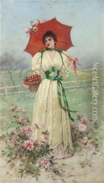 Girl With A Red Umbrella Oil Painting - Emile Eisman-Semenowsky