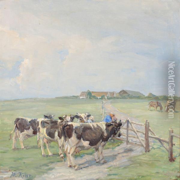 Field With Cattle Oil Painting - Harald Kjaer