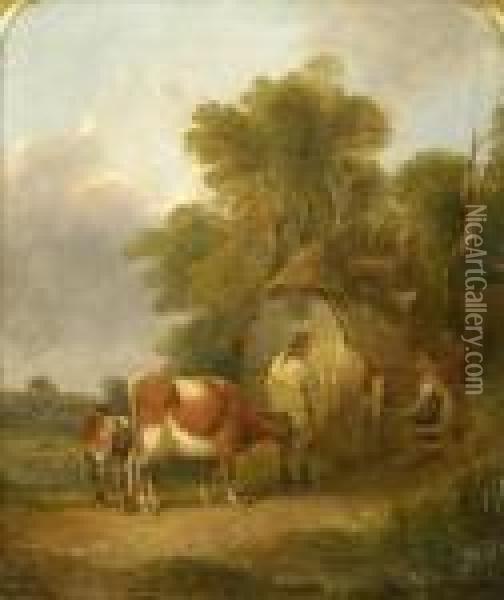 Figures With Cow And Calf At A Cottage Gate Oil Painting - Snr William Shayer