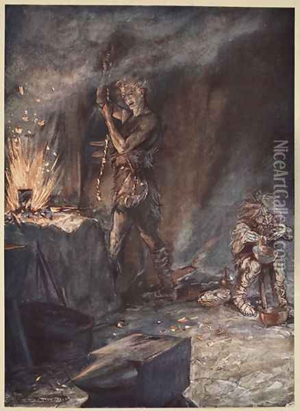 The forging of Nothung, illustration from Siegfried and the Twilight of the Gods, 1924 Oil Painting - Arthur Rackham