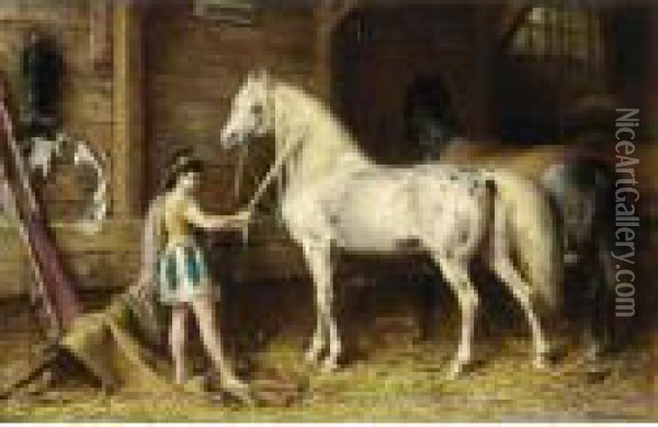 A Circus Girl Grooming The Horses Oil Painting - Otto Eerelman