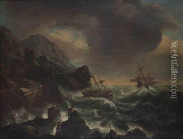 Navires Sur Une Mer Agitee Pres D'une Cote Rocheuse Oil Painting - Antonio Maria Marini