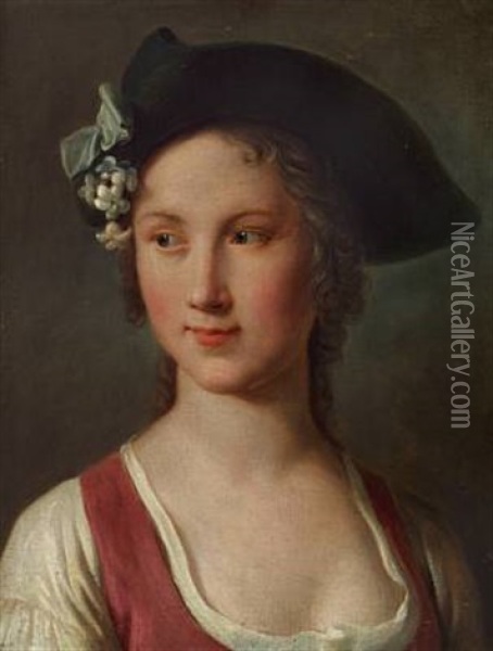 A Young Woman With A Hat Decorated With White Flowers Oil Painting - Pietro Antonio Rotari
