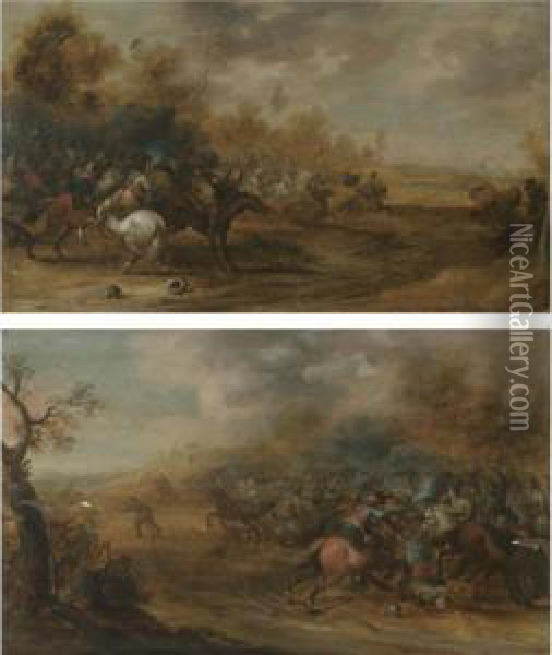 A Pair Of Cavalry Battles Oil Painting - Pieter Meulenaer