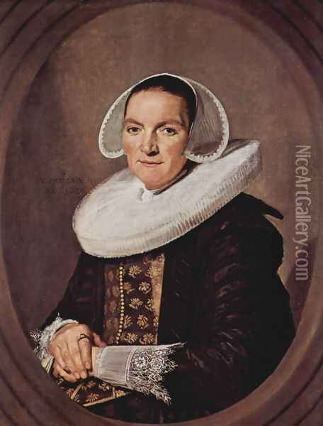 Portrait of a woman with approximately forty with entangled hands Oil Painting - Frans Hals