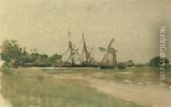 Landscape With Windmill Oil Painting - George Clausen