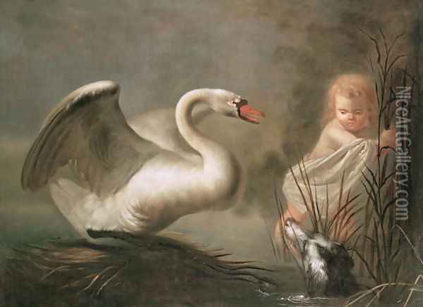 A Swan guarding its Nest from a Child and a Spaniel Oil Painting - Pieter Snyers