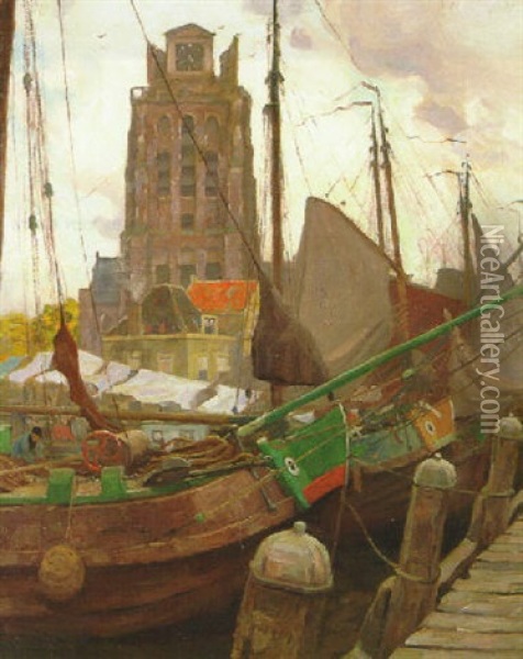 Scows In The Harbour Of Dordrecht Oil Painting - Victor Olivier Gilsoul