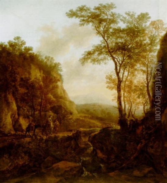 A Mountainous Wooded Landscape With Travellers On A Path Near A Waterfall Oil Painting - Jan Dirksz. Both