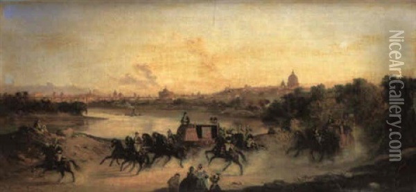 The Papal Carriage And Escort Before An Extensive Landscape Of Rome Oil Painting - Vincenzo Giovannini