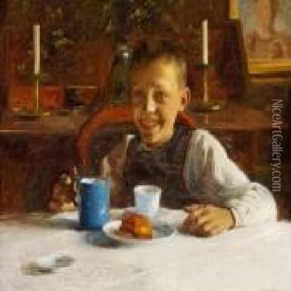 A Happy Boy At The Breakfast Table Oil Painting - Carl Vilhelm Meyer