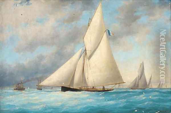 A French regatta with a racing cutter approaching the finishing line Oil Painting - Charles Leduc