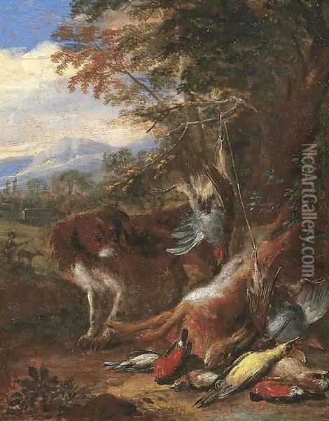 A hunting still life with a spaniel watching a bag of hare and songbirds, a landscape with a hunter and his dog beyond Oil Painting - Adriaen de Gryef