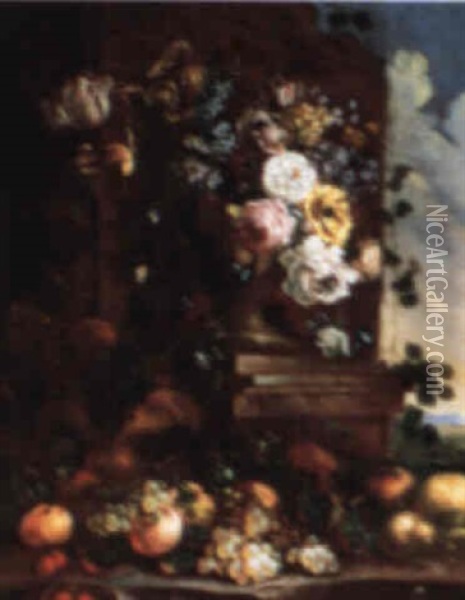 Still Life Of Flowers In A Stone Urn Resting On A Pedestal, With A Still Life Oil Painting - Jean-Baptiste Belin de Fontenay the Elder