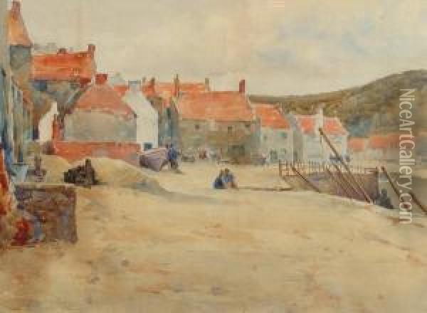 Fishermen's Cottages At Staithes Oil Painting - Alfred Stevens