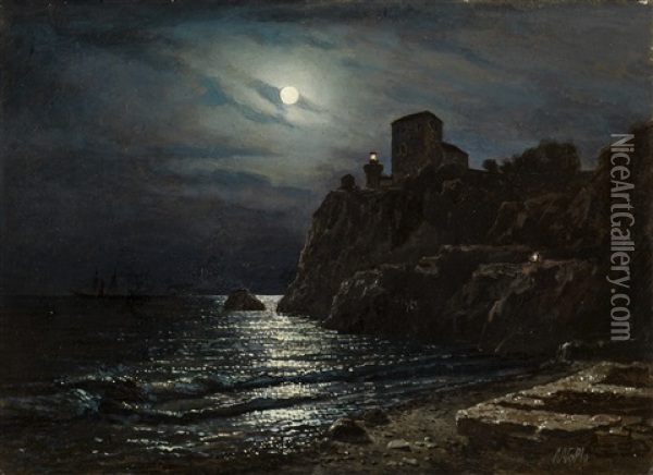 Moonlit Coast With A Castle Oil Painting - Lev Felixovich Lagorio