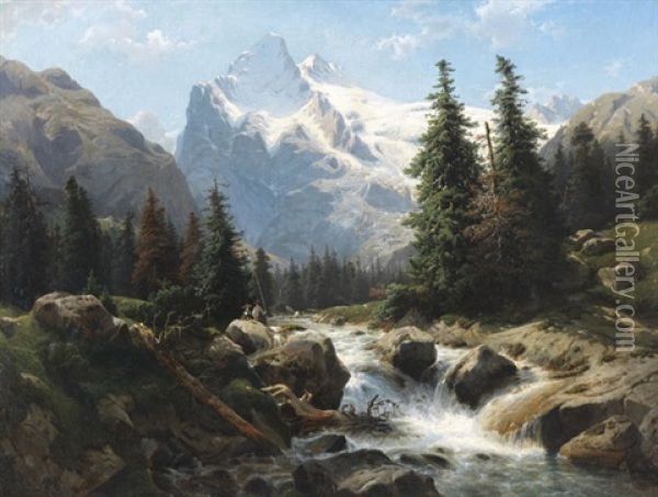 Blick Auf Das Wetterhorn Von Der Ortschaft Zweilutschinen Aus Gesehen Oil Painting - Johannes Bartholomaeus Duntze