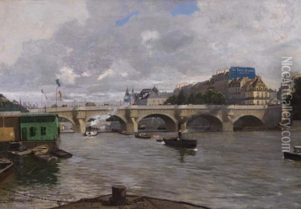 Vue Animee Du Pont Neuf Oil Painting - Lucien Marchais