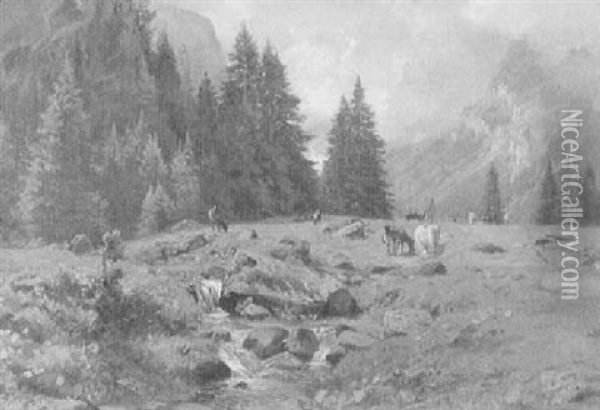 Alpental Mit Weidenden Kuhen Oil Painting - Johann-Joseph Geisser