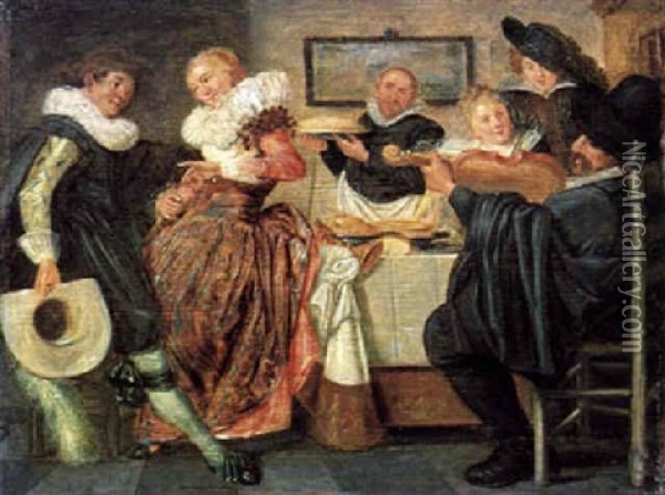 Elegante Gesellschaft Mit Einem Musikanten In Einem Wirsthaus Oil Painting - Dirck Hals