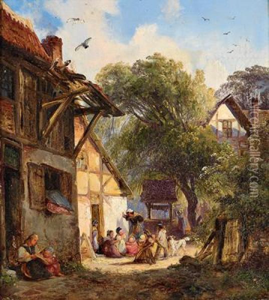 Idyllische Szene Vor Dem Haus Oil Painting - Caspar Johann Nepomuk Scheuren