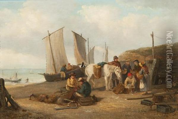 A Busy Beach Scene With Vessels, A Pony And Figures Buying Fish And Mending Nets Oil Painting - Thomas Smythe