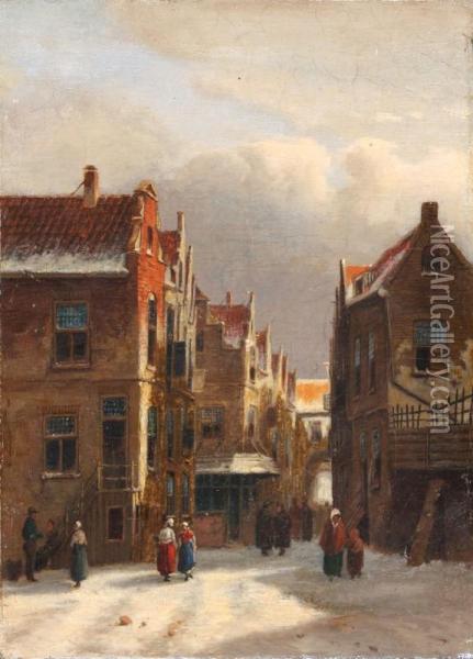 A Winter Scenewith Some Passers-by In The Boterstraat At The Dutch Town Ofutrecht On A Snowy Day Oil Painting - Frederik Hendrik Hendriks